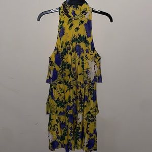 Beautiful Yellow-Floral HighNeck/Sleeveless Dress!